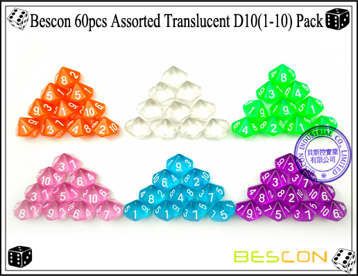 Bescon 60pcs Assorted Translucent D10(1-10) Pack-5 Bescon 60pcs Assorted Translucent D10(1-10) Pack-5