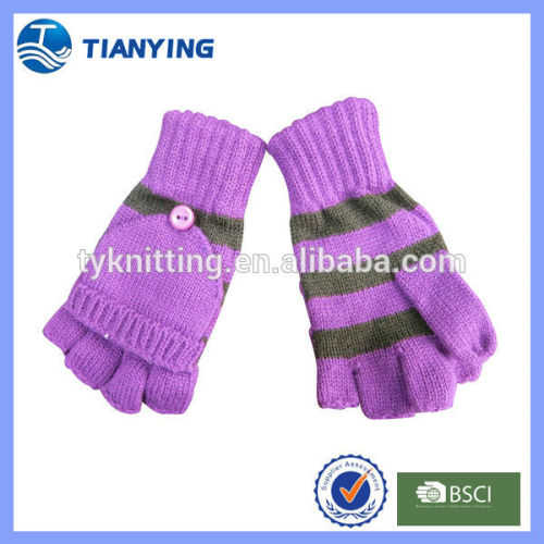 Purple stripe flip top half fingers women gloves with buttons