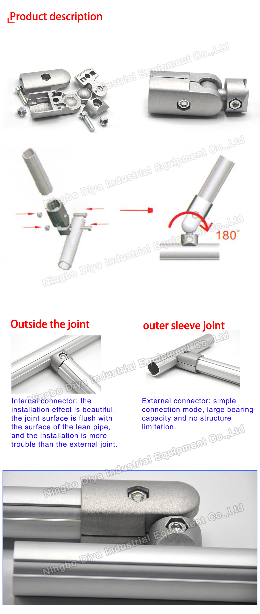 180 Degree Free Connector Outer Type For OD 28mm Thickness 1.7mm Aluminum Tube/ Aluminium Alloy Lean Pipe Joint