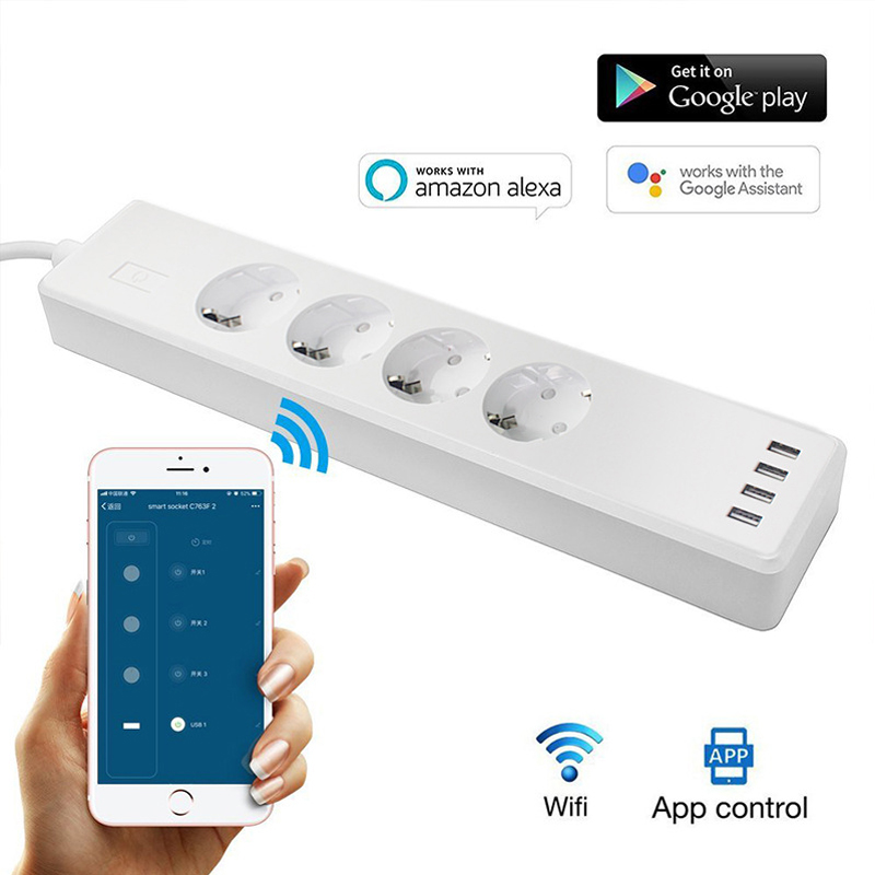 Eu Power Strip Power Extensions Strip Smart 4 Outlet Power Strip European Surge Protector TUYA