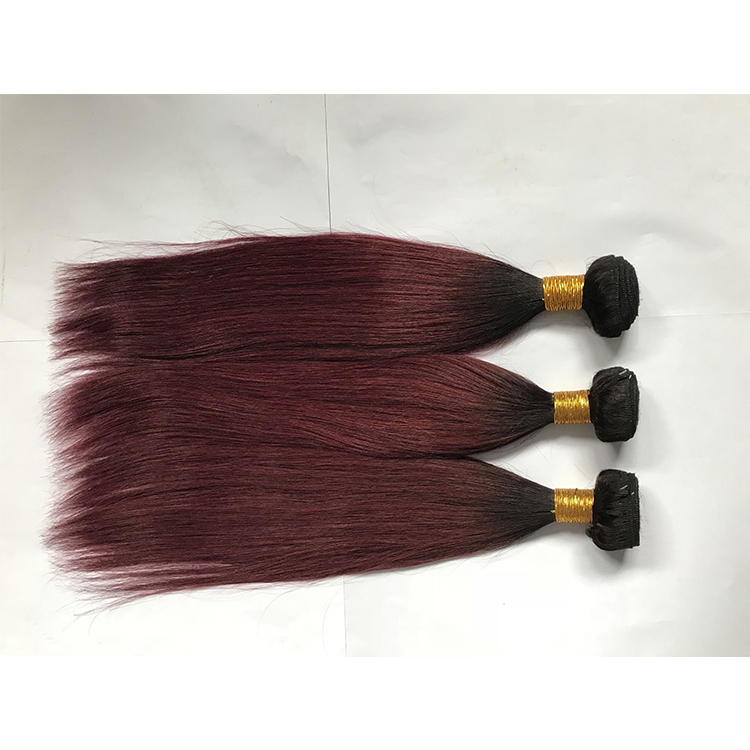two tone ombre color dark red straight hair weave, natural Brazilian hair