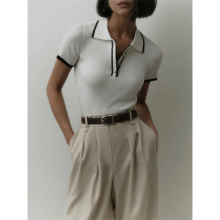 Women's Stylish Contrast Lapel Knitwear: Slim, Patchwork, and Short Sleeve Pullover