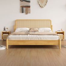Natural Modern Oak and Rattan Double Queen King Size Wooden Beds