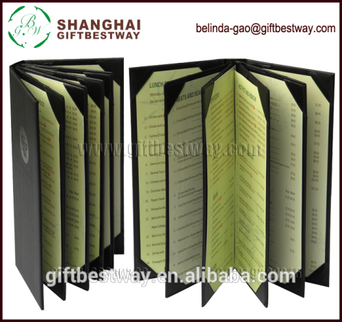 High quality 6 panels food menu in english , pu leather restaurant menu