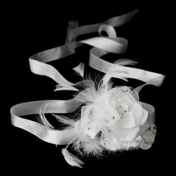 Silk Sheer Organza Flower Feather Clip Bridal Sash Wedding Belt