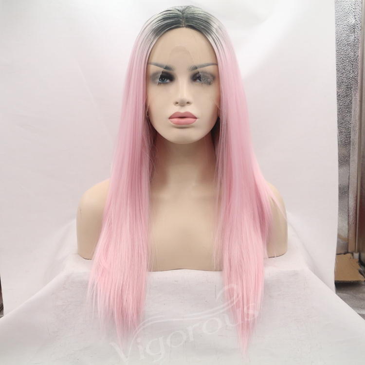 Vigorous pink ombre long straight premium high quality wholesale black women synthetic hair wigs with lace front