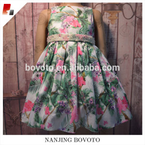 Girl green printed party dress with big bowknot