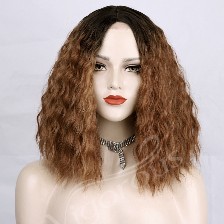 Black Root High Quality Bob Cut Fiber Lace Front Loose Wave Ombre For Women Short Synthetic Hair Brown Wigs