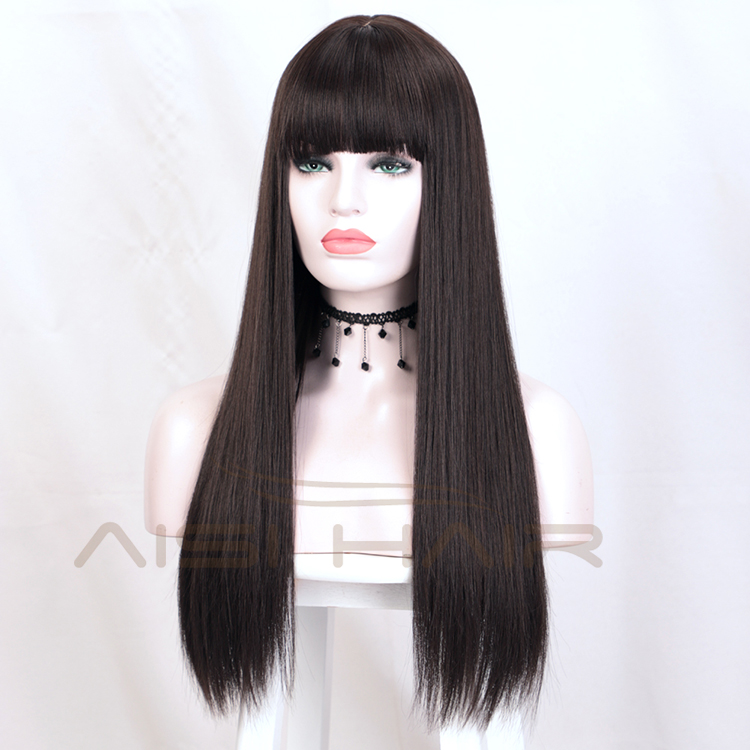 Aisi Hair Top Quality 24 Inch Long Silky Straight Black Lace Wig With Bangs Cheap Synthetic Hair Lace Front Wigs For Women