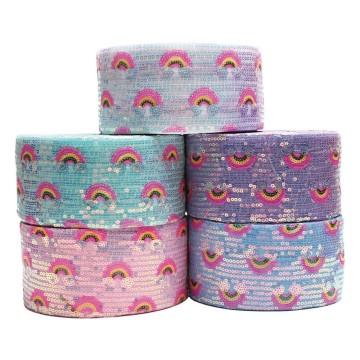 3 Inch Rainbow Pattern Bows Fabric Sequin Ribbons for Sewing