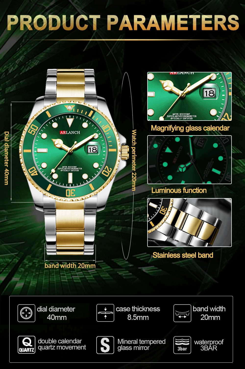 ARLANCH A306 New Water Ghost Series Classic Green Dial Luxury Men Not Automatic Watches Stainless Steel Waterproof Quartz Watch