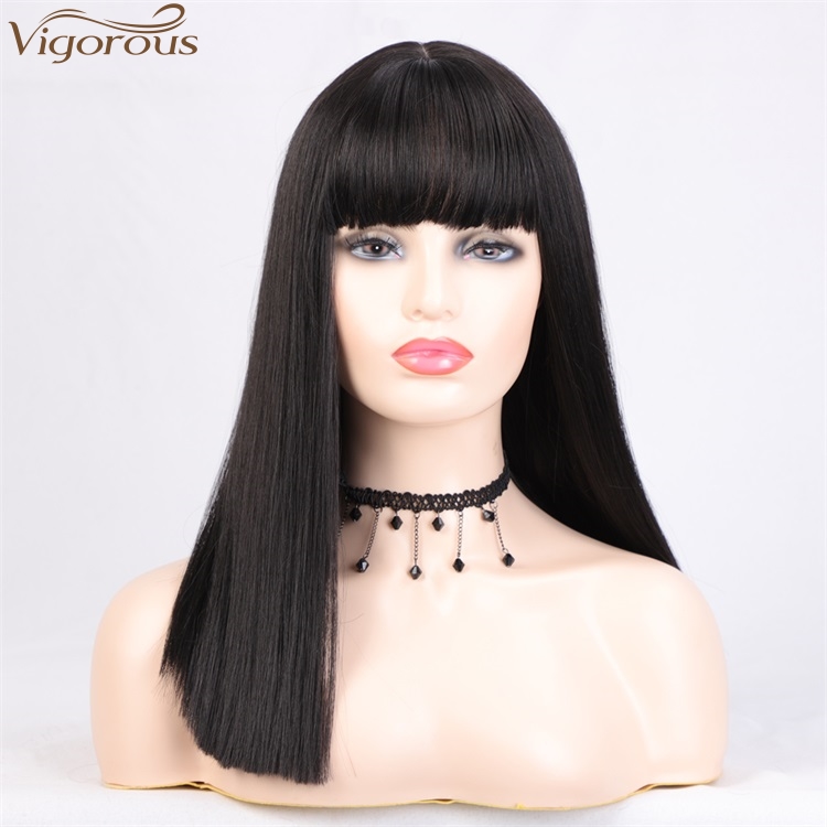 Vigorous High Temperature Wholesale Price  Cheap Long Silky Straight Black with Flat Bangs Synthetic Hair Wigs for Black Women