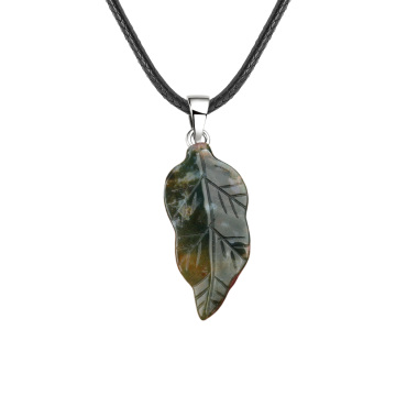 Fancy Jasper Handmade Craved Leaf Pendant Necklace with 45CM Black Cord