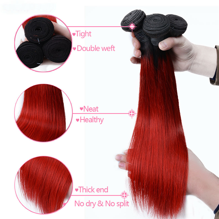 Best Quality Ombre Peruvian Hair Virgin Hair Extension Silky Straight Two Tone 1B/Red Bundles With Closure