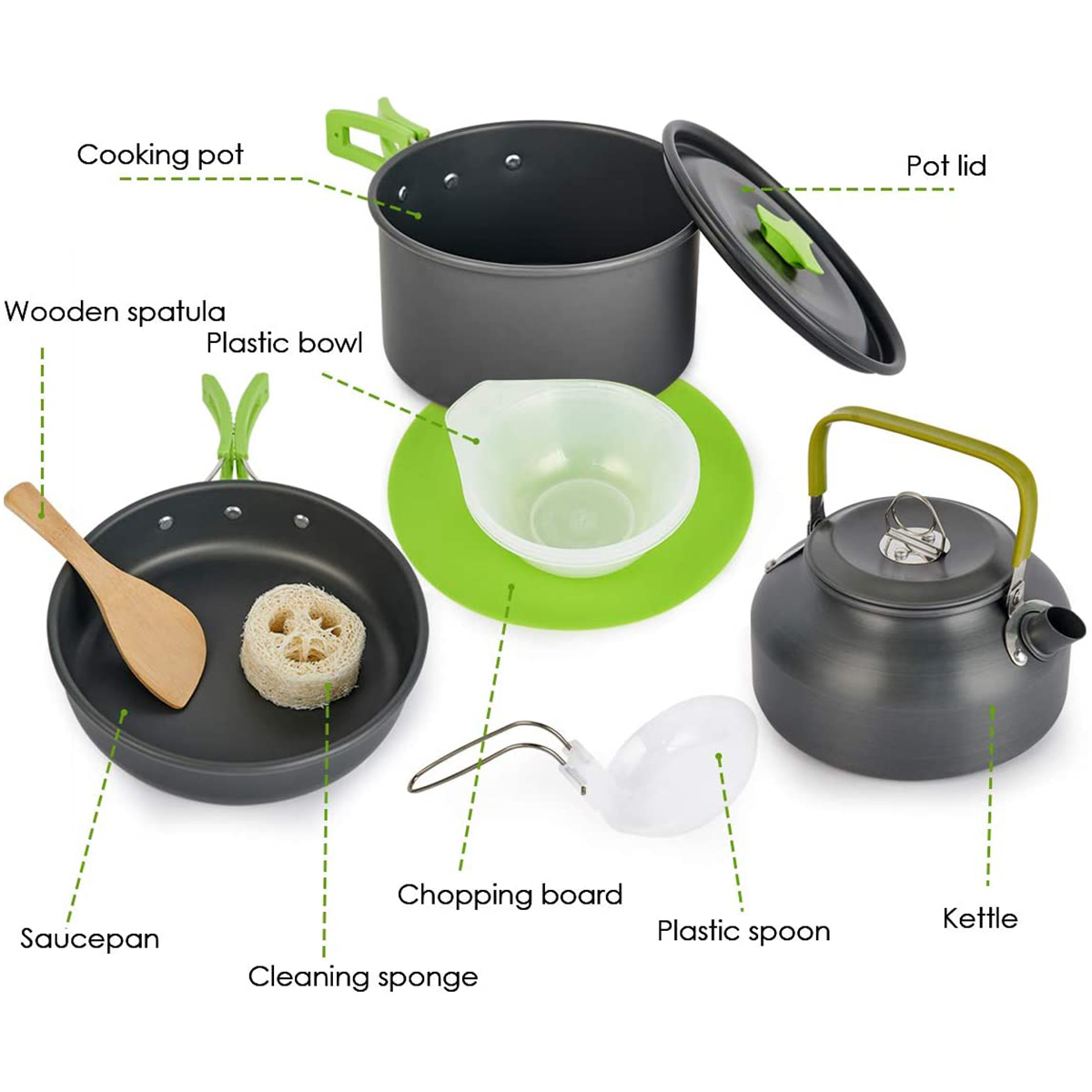 Portable Outside Camping Cookware Set ,12 Piece Camping Cooking Set Mess Kit with Pot Kettle Chopping Board Folding Tableware