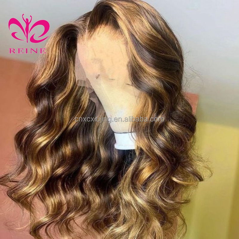 REINE Design Honey Blonde Highlight Wigs,Color 4/27 Highlight Lace Frontal Human Hair Full Lace Frontal Wigs,Brown Highlight Wig