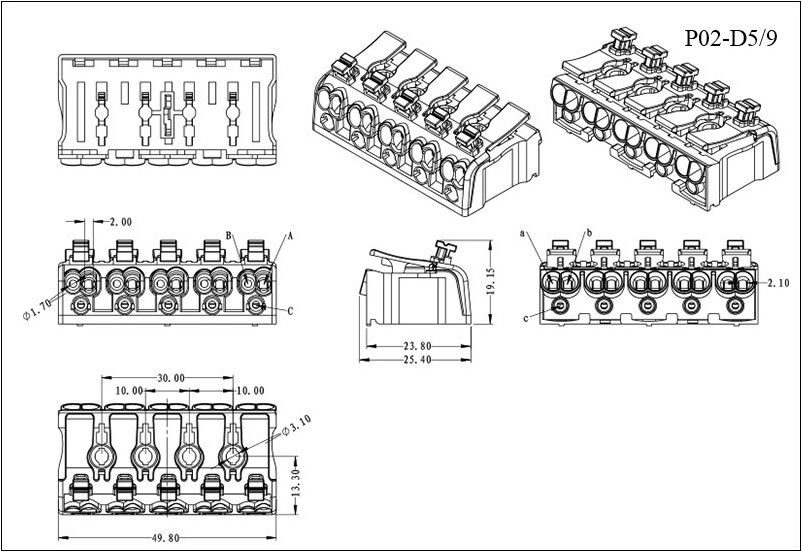 5 poles fast-connection push wire connector