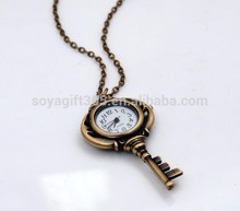 Antique Bronze Key shape Open Faced Pocket Watch Pendant Necklace