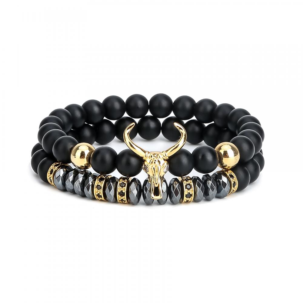 Punk CZ Bull Head Skull Hommes Bracelet Mode bœuf Mat Onyx Pierre Perles Charme Bracelets Bracelets Macramé Strand Bijoux