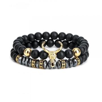 Punk CZ Bull Head Skull Men Bracelet Fashion ox Matte Onyx Stone Beads Charm Bracelets Bangles Macrame Strand Jewelry