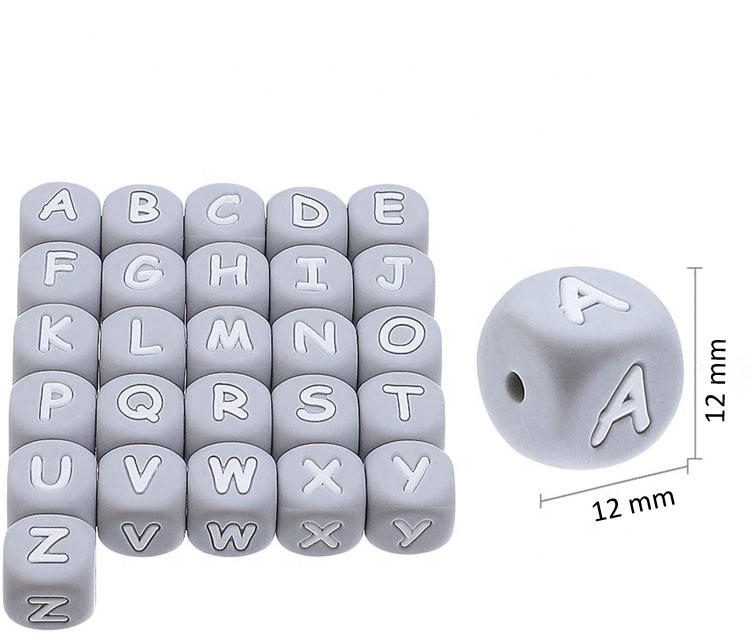 12 mm Funny Bpa Loose Baby Teether Food Grade Pacifier Clip Manufacturer English Alphabet Printed Silicone Letter Beads