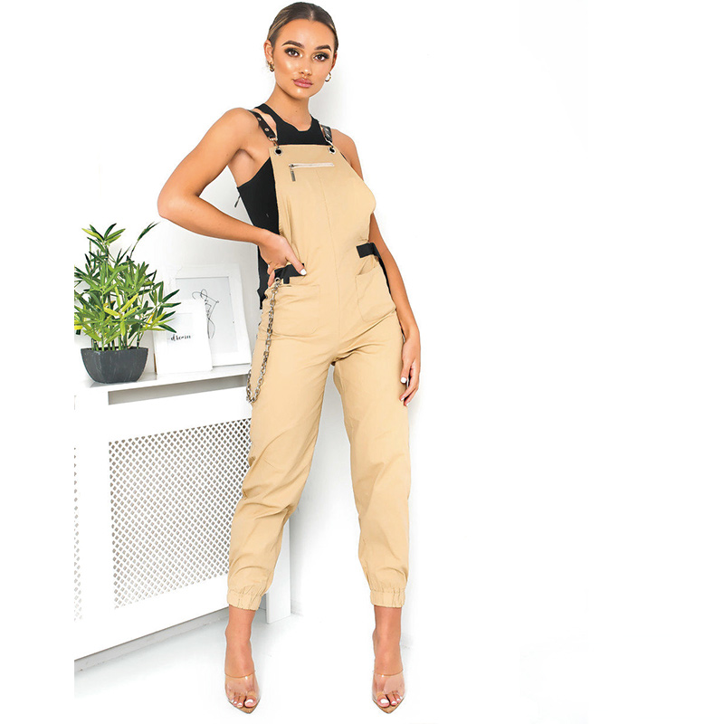 High quality women skinny cargo dungarees solid beige for causal wear