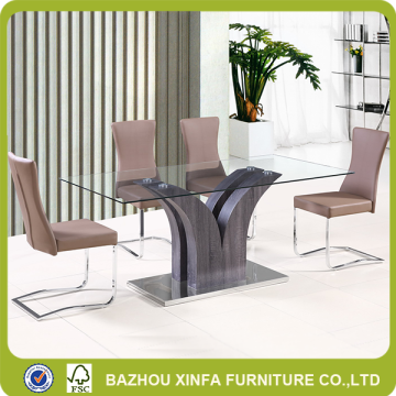 New design clear glass top short wood leg support dining table
