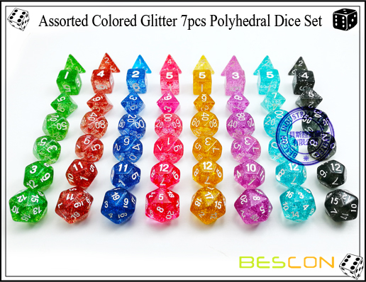 Surtido de brillo de colores 7pcs Polyhedral Dice Set-7 Assorted Colored Glitter 7pcs Polyhedral Dice Set-7