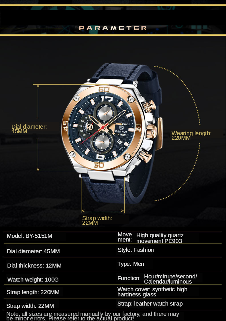 BENYAR 5151 Men Watch Chronograph Wristwatches Quartz Sport Watches Military Luxury Leather Relogio Masculino