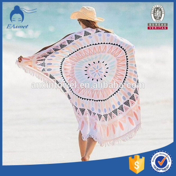 White multi color circle mandala round beach towel pom pom roundie beach throw