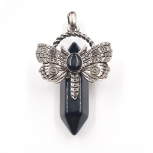 Black Onyx Hexagonal Pillar Silver Dragonfly Pendant for DIY Making Jewelry