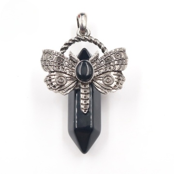 Black Onyx Hexagonal Pillar Silver Dragonfly Pendant for DIY Making Jewelry