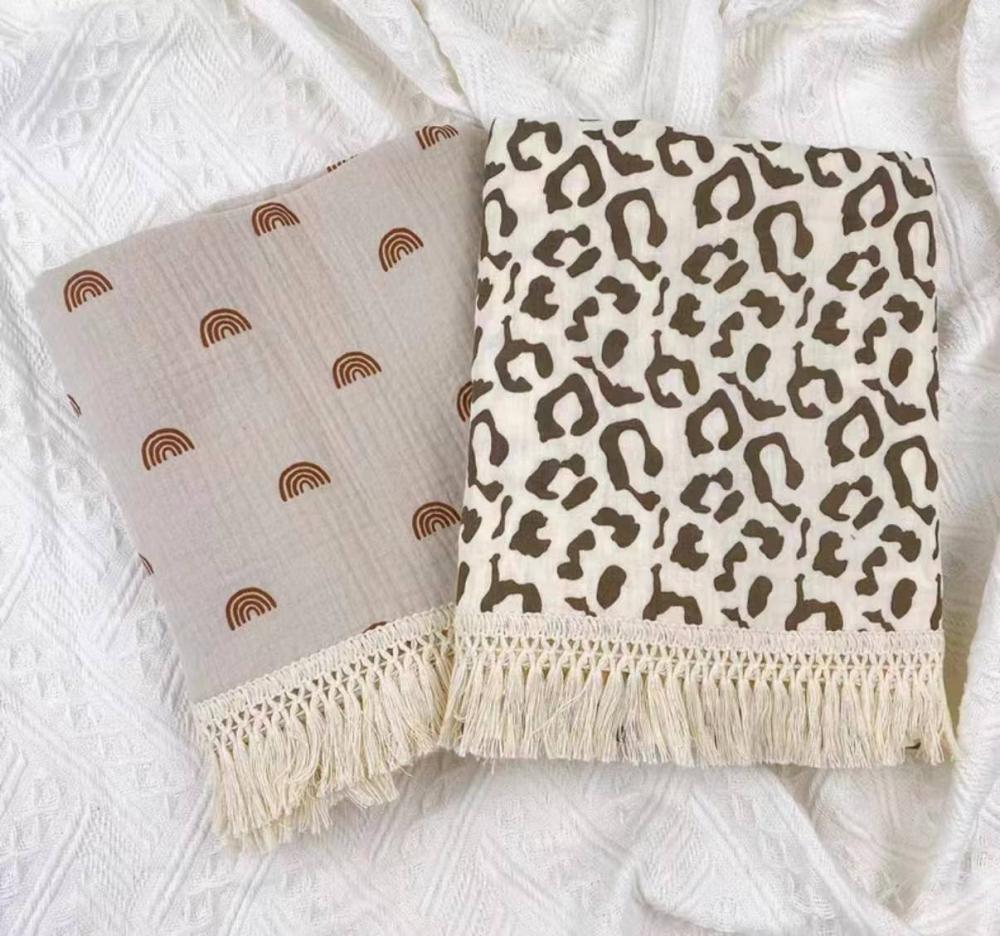 100 pamuklu ölçekli saçaklı bebek battaniyesi 100 Cotton Prined Fringed Baby Blanket A