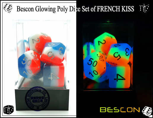Jeu de Dés poly Gluant Bescon de FRENCH KISS-8 Bescon Glowing Poly Dice Set of FRENCH KISS-8