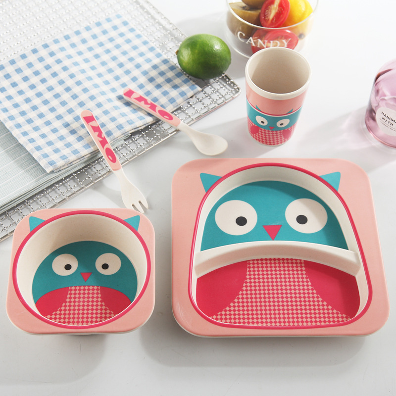 5 Pcs Set Eco-friendly Bamboo Fiber Kids Tableware With Different Animal Shape