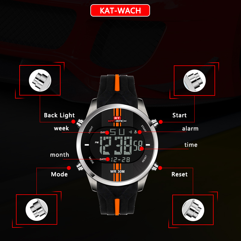 KAT WACH 716 Men Digital Watch Water Resistant Silicone Strap Sport WristWatches