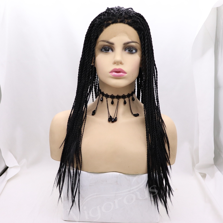 Vigorous braid long bug black wholesale cheap heat resistente synthetic wig with lace front