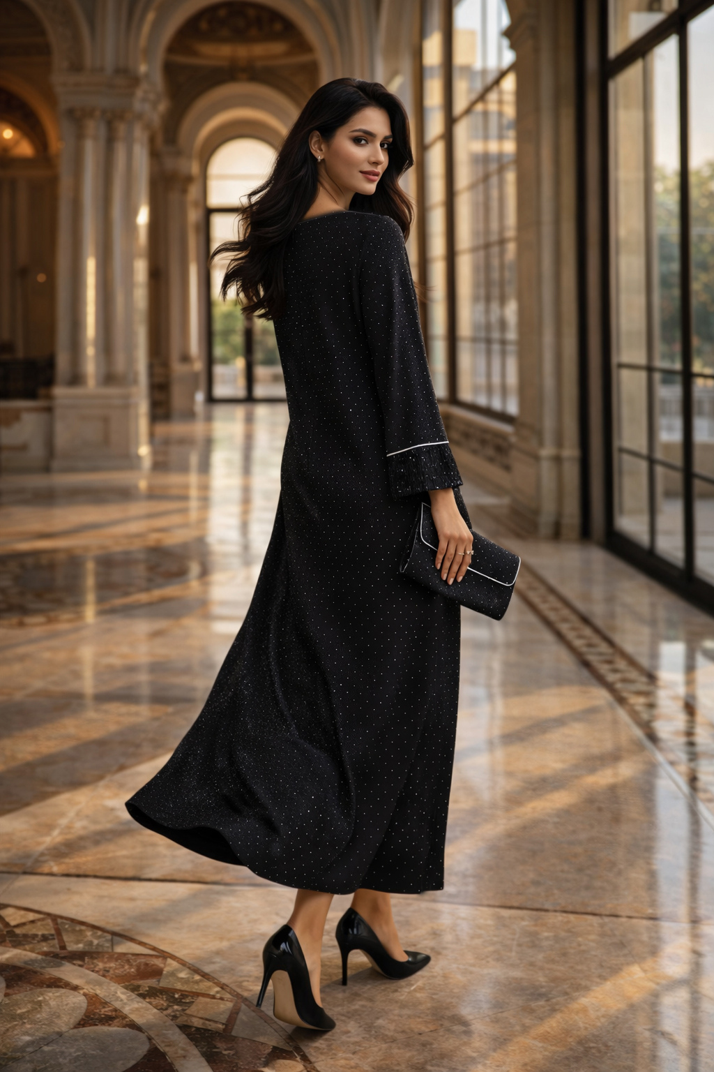 ژاکارد نوار مخملی مشکی متحرک سجاف نمای عقب black velvet stripe jacquard moving hem back view