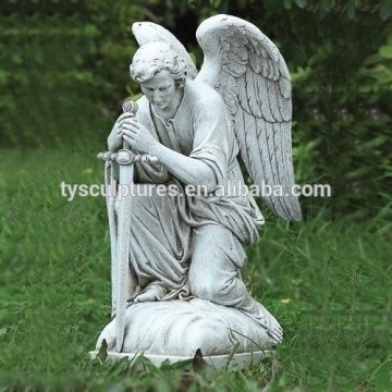 Life size garden decor stone male kneeling marble angel with sword statue