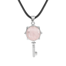 Rose Quartz Round Cabs Silver Alloy Key Pendant Necklace 45cm Black Cord