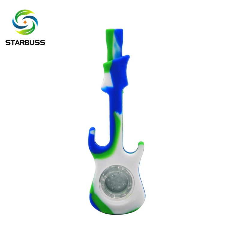 Guitar shape design silicone weed smoking pipe tobacco colorful weed pipe with glass bowl smoking accessories