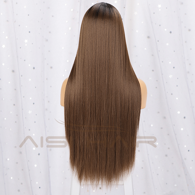 Aisi Hair 26 Inch Long Silky Straight Swiss Lace Wig Wholesale Middle Part Ombre Brown Synthetic Hair Wigs For Black Women