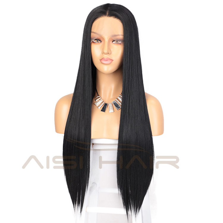 Aisi Hair Wholesale Long Silky Straight Black Wig Middle Part Swiss Lace Wig Synthetic Hair Front Lace Wigs For Black Women