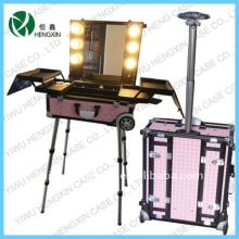 professional rolling studio makeup case lights with mirror,rolling makeup station with lights,lighting makeup case with stand