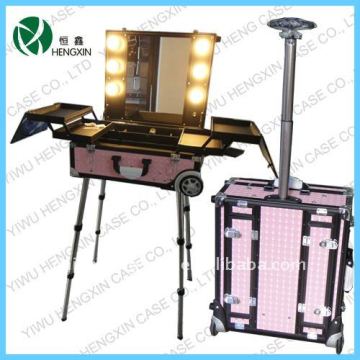 professional rolling studio makeup case lights with mirror,rolling makeup station with lights,lighting makeup case with stand