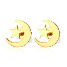 Gold crescent moon and star stud earrings