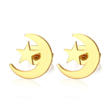 Gold crescent moon and star stud earrings