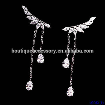 Pave Diamonds Silver Angel Wings Tassel Crystal Waterdrop Earrings