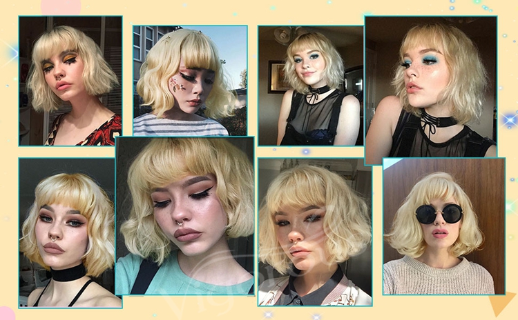 Short Blonde Wavy Bob Wig with Bangs for Women Girls Natural Looking Pastel Blonde Wigs Curly for Daily Cosplay Halloween