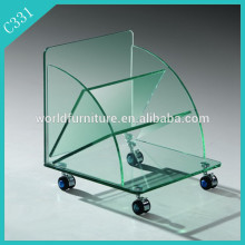 2016 hot sale bent glass side table with wheels